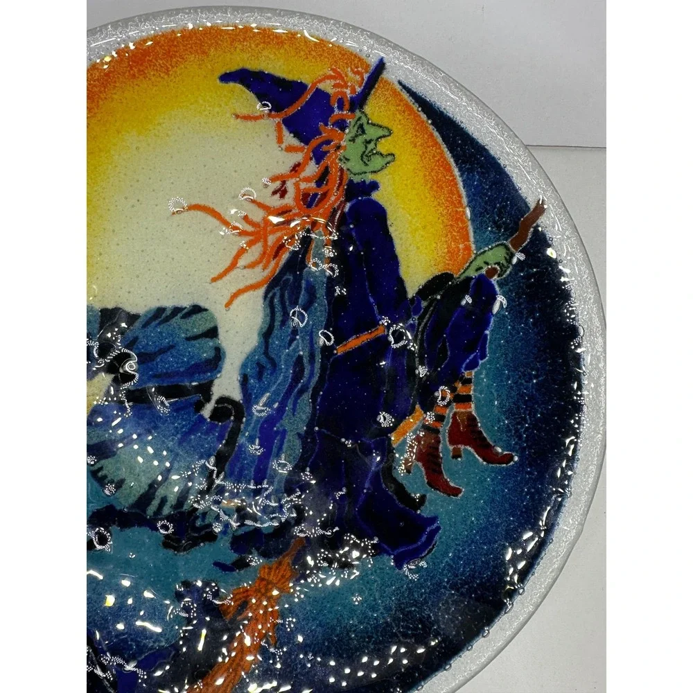 Peggy Karr Fused Glass Halloween Plate Witch Cat Art 11 in